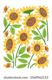 Sunflowers and butterflies illustrated on retro poster in 60s style in vibrant yellow, green, and orange tones. Vintage summer hand drawn vector interior poster