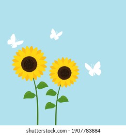 Sunflowers and butterflies on blue background vector illustration.