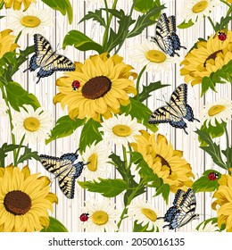 Sunflowers   butterflies wooden background Sunflowers  daisies   butterflies wooden background in color vector pattern 