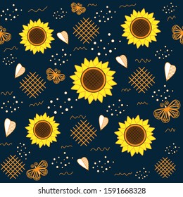 Sunflowers and butterflies, seamless pattern, dark blue background, vector