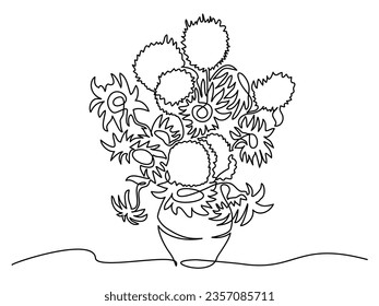 Sunflowers by Vincent van Gogh. Continuous one line art drawing style. Minimalist black linear sketch isolated on white background. Vector illustration