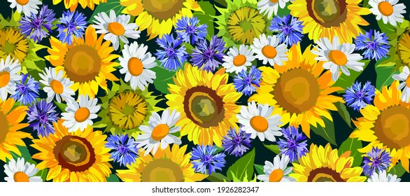 Sunflowers, camomiles and bluebottles flowers vector seamless pattern