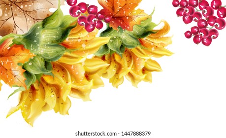 Sunflowers card Vector watercolor. Autumn fall floral decor
