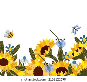 Sunflowers collection wild meadow flowers and insect. Bright yellow sunflowers. Horizontal poster for your design. Vector illustration