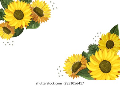 Sonnenblumen an den Ecken der Grenze. Vorlage mit Platz für Text auf weißem Hintergrund. Gefällt dir die Aquarell. Sommerlich blühende Wildblumen. Bouquet mit Köpfen gelber Blumen. Einladung. Vektorgrafik.