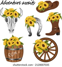 Sunflowers in cowboy design.Hat, boots, horseshoe and barrel with sunflowers decor on transparent background in vector illustration.