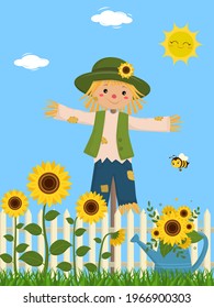 Sunflowers and a cute scarecrow fence grass watering can bee sky sun clouds. Vector illustration