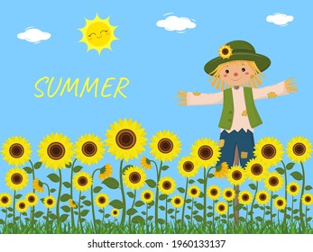 Sunflowers and a cute scarecrow sky sun clouds. Vector illustration.