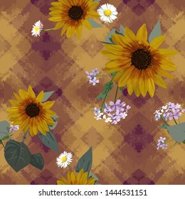 Sunflowers, daisies and forget-me-nots against a blue-yellow cell. Seamless pattern - wallpaper, material, scrapbooking, scarf, trendy print.