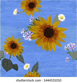 Sunflowers, daisies and forget-me-nots are set against a bright blue sky painted in oil. Seamless pattern - wallpaper, material, scrapbooking, scarf, trendy print.