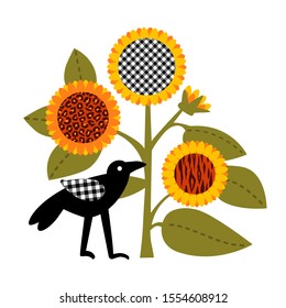 Sunflowers with different textures and crow.  Vector illustration. Applique template.
