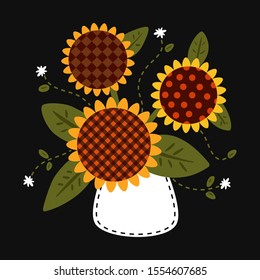 
Sunflowers with different textures in a vase.  Vector illustration. Applique template. Farmhouse decor.