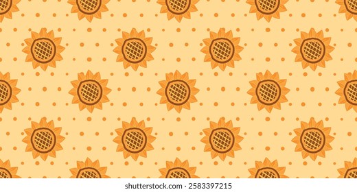 Sunflowers and dots seamless pattern. Hand drawn blooming flowers and abstract shapes. Yellow and brown colors. Ethnic print on fabric and paper. Vector design for textile,wallpaper,cover, package.