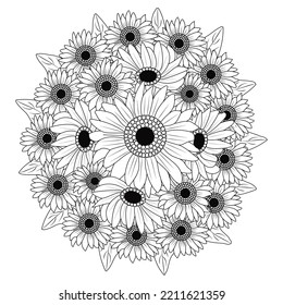 sunflowers drawing line art vector of black and white anti stress coloring flower for adult. sunflower background outline of blooming petal and leaves flower illustration. 