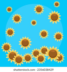 Sunflowers falling in flat style on blue background. Vector Illustration. background.