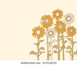 El fondo del campo de los girasoles. Fondo de la naturaleza de la ilustración vintage de girasoles vectores para texto. Giros de campo de línea dibujados a mano para vectores