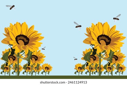 Sunflowers field from bottom view with blue sky and bees.