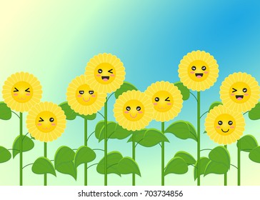 Sunflowers field on sunlight and blue sky. summer season. cartoon smile nature picture. vector illustration.