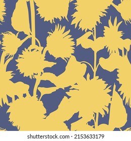 Sunflowers field seamless pattern for fabric textile design. Blue yellow colors, easy to print. Line art wildflowers silhouettes.