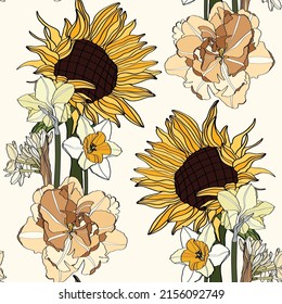 El campo de los girasoles es transparente para el diseño textil de tela. Colores planos, fáciles de imprimir. Flores silvestres de primavera de arte de línea.