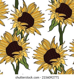 El campo de los girasoles es transparente para el diseño textil de tela. Fácil de imprimir. Flores silvestres amarillas de arte de línea.