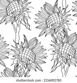 Sunflowers field seamless pattern for fabric textile design. Easy to print. Line art black white wildflowers.
