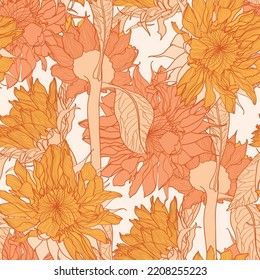 Sunflowers Field Seamless Pattern For Fabric, Textile Design. Flat Colors, Easy To Print. Line Art Autumn Colors Flowers With Pastel Orange Leaves Silhouettes. Sunflower Blossom.