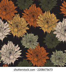 El campo de los girasoles es transparente para el tejido, el diseño textil. Colores planos, fáciles de imprimir. Las líneas de arte otoñal colocan las siluetas de flores. Florecimiento del girasol.