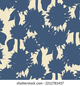 Sunflowers field seamless pattern for fabric, textile design. Blue silhouettes, easy to print. Sunflower Blossom.