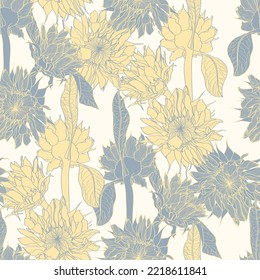Sonnenblumen sind nahtlose Muster für Stoff, Textil-Design. Gelbe blaue Farben, leicht zu drucken. Die Seidenblumen der Linie. Sonnenblume.