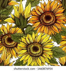 Sunflowers field seamless vector pattern for fabric textile design. Flat colors, easy to print. Yellow and Orange wildflowers with seeds for honey and Thanksgiving backgrounds design.