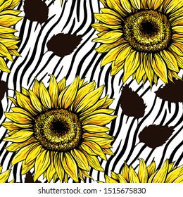 Sunflowers field seamless vector pattern for fabric textile design. Flat colors, easy to print. Yellow wildflowers with black stripped zebra lines