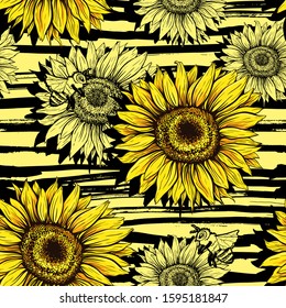 Sunflowers field seamless vector pattern for fabric textile design. Horizontal stripped brush strokes, ready to print. Yellow wildflowers with black artistic abstract lines
