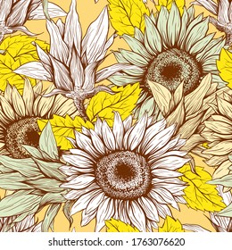 Sunflowers field seamless vector pattern for fabric textile design. Flat colors, easy to print. Line art modern pastel yellow wildflowers with pastel orange leaves silhouettes. Sunflower Blossom