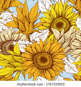 Sunflowers field seamless vector pattern for fabric textile design. Flat colors, easy to print. Line art yellow blue wildflowers with pastel orange leaves silhouettes.Sunflower Blossom