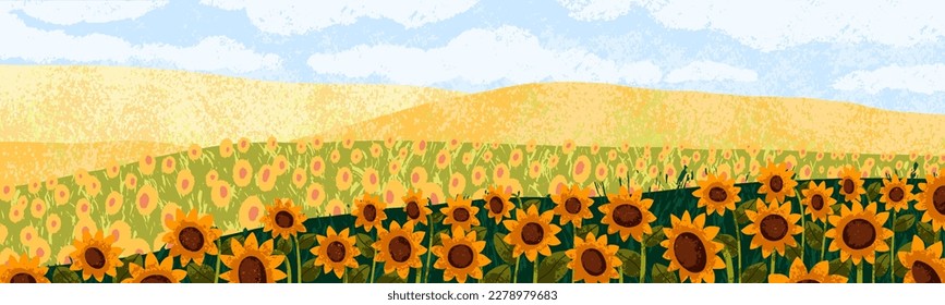 Sunflowers field, summer landscape background. Yellow sun flowers,nature panorama. Blooming agriculture land, floral crop plant. Blossomed plantation on hills, scenery. Flat vector illustration