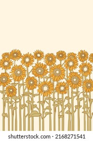 Sunflowers field vector vintage illustration nature landscape background for text. Vector graphic handdrawn line field sunflowers