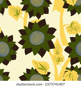 Sonnenblumen flach. Für Design, Druck, Tapeten, Papier, Textilien. Vektor-überlappendes nahtloses Muster