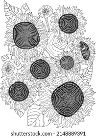 Sunflowers. Floral composition. Sunflower hand drawn vector collection. Floral ink pen sketch. Black and white clipart. Isolated monochrome floral design element. 