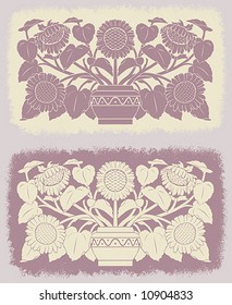 Sunflowers in a flowerpot. Decorative pattern.