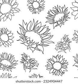 Sunflowers flowers Line art drawing seamless background vector illustration.Black and white sunflowers seamless background for decoration design,print.Bothinical pattern