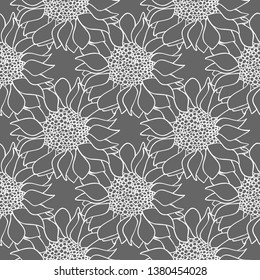 Sunflowers flowers seamless pattern in black and white colors. Monochrome wallpaper. Vector illustration