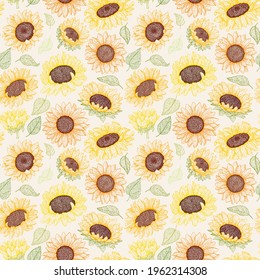 Sunflowers flowers seamless pattern. Organic food, vector doodle hand drawn sketch style illustrations collection isolated. Botanical illustration for packaging, menu cards, posters, prints.