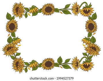 Sonnenblumen-Rahmen einzeln auf weißem Hintergrund. Vektorgrafiken.	