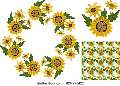 Sunflowers frame, seamless floral pattern and set of vector elements on a white background. A bouquet of yellow sunflowers and a round floral frame for creating cards, invitations, prints and more.