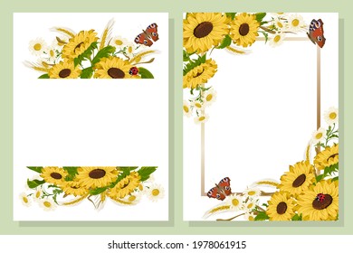 Sunflowers and frames in a set of postcards.Chamomiles, sunflowers and butterflies in a vector set of illustrations.