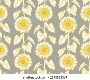 
Sunflowers full length on stem with leaves. Hand draw vector seamless pattern. Floral design.