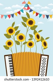 sunflowers garden with accordion and garlands scene