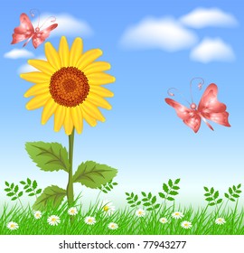 Sunflowers, grass, clouds and butterflies
