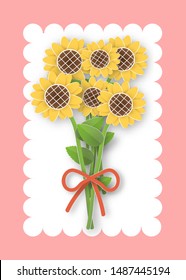 sunflowers  for greeting card template , post card , birthday card and book cover   in paper cut and craft style .